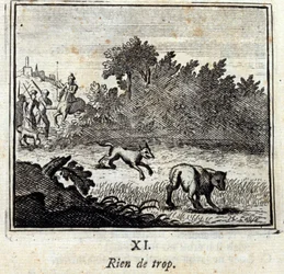 Nic moc. Bajky Jean de La Fontaine (1621-95). Ilustrace François Chauveau (1613-1676). Vydání z roku 1728.