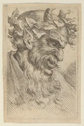Satyrská maska s korunou břečťanu, obrácená doprava, od Divers Masques, ca. 1635-45.