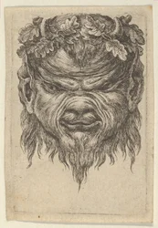 Satyrská maska s vroubkovaným čenichem a věncem z dubových listů, od Divers Masques, ca. 1635-45.