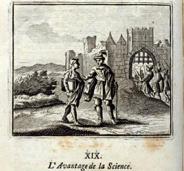 Výhoda vědy. Bajky Jean de La Fontaine (1621-95). Ilustrace Francois Chauveau (1613-1676). Vydání z roku 1728.