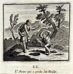 Avare, který ztratil svůj tresor. Bajky Jean de La Fontaine (1621-95). Ilustrace François Chauveau (1613-1676). Vydání z roku 1728.