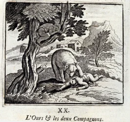 Medvěd a dva společníci. Bajky Jean de La Fontaine (1621-95). Ilustrace François Chauveau (1613-1676). Vydání z roku 1728.