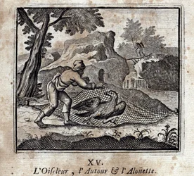 Birdbird the Around a Alouette. Bajky od Jeana de La Fontaine (1621-95). Ilustrace François Chauveau (1613-1676). Vydání z roku 1728.