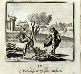 Spalovač a jeho Compere. Bajky Jean de La Fontaine (1621-95). Ilustrace Francois Chauveau (1613-1676). Vydání z roku 1728.