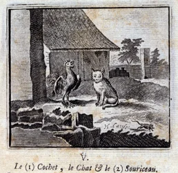 Kočka a myš Cochet. Bajky od Jeana de La Fontaine (1621-95). Ilustrace François Chauveau (1613-1676). Vydání z roku 1728.