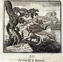 Coq a liška. Bajky Jean de La Fontaine (1621-95). Ilustrace Francois Chauveau (1613-1676). Vydání z roku 1728.