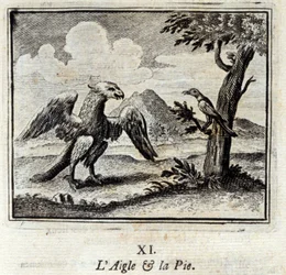 Orel a Pius. Bajky od Jeana de La Fontaine (1621-95). Ilustrace François Chauveau (1613-1676). Vydání z roku 1728.