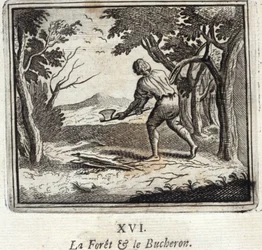 Les a dřevorubec. Bajky Jean de La Fontaine (1621-95). Ilustrace François Chauveau (1613-1676). Vydání z roku 1728.