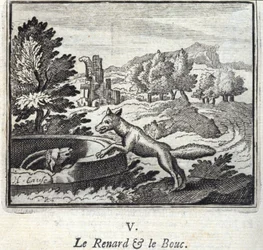 Liška a Bouc. Bajky Jean de La Fontaine (1621-95). Ilustrace François Chauveau (1613-1676). Vydání z roku 1728.