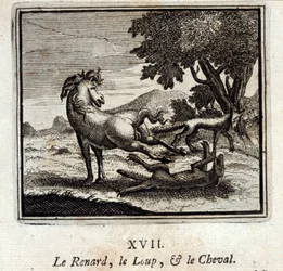Liška, vlk a kůň. Bajky Jean de La Fontaine (1621-95). Ilustrace François Chauveau (1613-1676). Vydání z roku 1728.