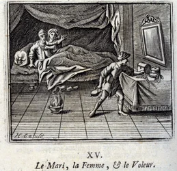 Manžel, žena a zloděj. Bajky Jean de La Fontaine (1621-95). Ilustrace François Chauveau (1613-1676). Vydání z roku 1728.