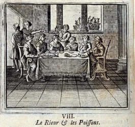 Smích a Ryby. Bajky Jean de La Fontaine (1621-95). Ilustrace François Chauveau (1613-1676). Vydání z roku 1728.