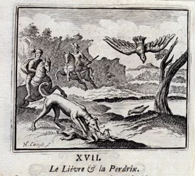 Lievre a Pardrix Bajky Jeana de La Fontaina (1621-95). Ilustrace François Chauveau (1613-1676). Vydání z roku 1728.