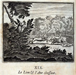 Lov lva a osla. Bajky Jean de La Fontaine (1621-95). Ilustrace François Chauveau (1613-1676). Vydání z roku 1728.