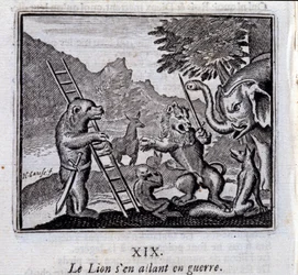 Lev jde do války. Bajky Jean de La Fontaine (1621-95). Ilustrace Francois Chauveau (1613-1676). Vydání z roku 1728.