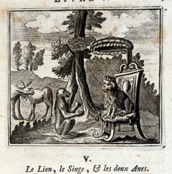 Opice lev a dvě Anes. Bajky Jean de La Fontaine (1621-95). Ilustrace François Chauveau (1613-1676). Vydání z roku 1728.