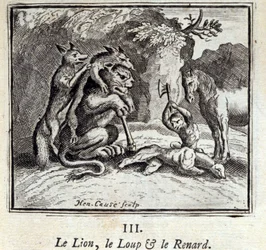 Lev, vlk a liška. Bajky Jean de La Fontaine (1621-95). Ilustrace François Chauveau (1613-1676). Vydání z roku 1728.