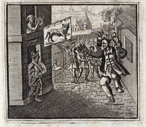 Opice a leopard. Bajky Jean de La Fontaine (1621-95). Ilustrace Francois Chauveau (1613-1676). Vydání z roku 1728.