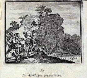 Hora rodí. Bajky Jean de La Fontaine (1621-95). Ilustrace Francois Chauveau (1613-1676). Vydání z roku 1728.