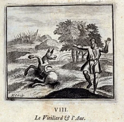 Stařec a osel. Bajky od Jeana de La Fontaine (1621-95). Ilustrace François Chauveau (1613-1676). Vydání z roku 1728.