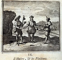 Oyster and the Litigants. Bajky Jean de La Fontaine (1621-95). Ilustrace François Chauveau (1613-1676). Vydání z roku 1728.