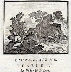 Patra a lev. Bajky Jean de La Fontaine (1621-95). Ilustrace François Chauveau (1613-1676). Vydání z roku 1728.