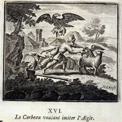 Havran chce napodobit Orla. Bajky Jean de La Fontaine (1621-95). Ilustrace François Chauveau (1613-1676). Vydání z roku 1728.