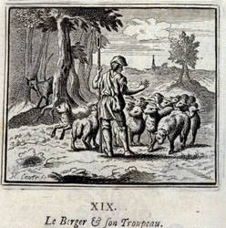 Pastýř a jeho stádo. Bajky od Jeana de La Fontaine (1621-95). Ilustrace François Chauveau (1613-1676). Vydání z roku 1728.