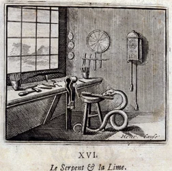The Snake and the Lime.Bajky Jean de La Fontaine (1621-95). Ilustrace Francois Chauveau (1613-1676). Vydání z roku 1728.