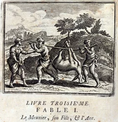 Přísavka, jeho syn a osel. Bajky Jean de La Fontaine (1621-95). Ilustrace François Chauveau (1613-1676). Vydání z roku 1728.