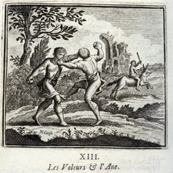 Zloději a Ane. Bajky Jean de La Fontaine (1621-95). Ilustrace Francois Chauveau (1613-1676). Vydání z roku 1728.