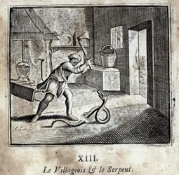 Vesničan a had. Bajky Jean de La Fontaine (1621-95). Ilustrace François Chauveau (1613-1676). Vydání z roku 1728.