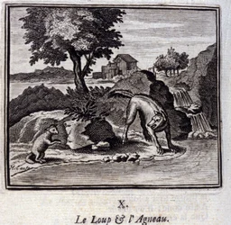 Vlk a Beránek. Bajky Jean de La Fontaine (1621-95). Ilustrace François Chauveau (1613-1676). Vydání z roku 1728.