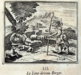 Z Vlka se stal Berger. Bajky Jeana de La Fontaina (1621-95). Ilustrace François Chauveau (1613-1676). Vydání z roku 1728.