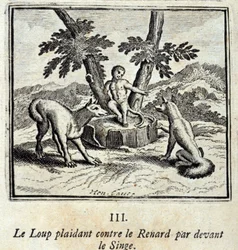 Vlk prosí Lišku před Opicí. Bajky Jean de La Fontaine (1621-95). Ilustrace François Chauveau (1613-1676). Vydání z roku 1728.