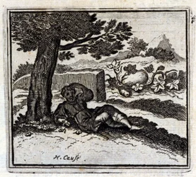 Žalud a dýně. Bajky Jean de La Fontaine (1621-95). Ilustrace François Chauveau (1613-1676). Vydání z roku 1728.