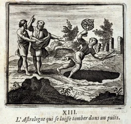 Astrolog, který spadne do studny. Bajky Jean de La Fontaine (1621-95). Ilustrace François Chauveau (1613-1676). Vydání z roku 1728.