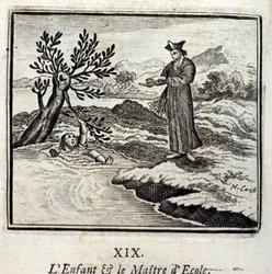 Dítě a ředitel školy. Bajky Jean de La Fontaine (1621-95). Ilustrace François Chauveau (1613-1676). Vydání z roku 1728.