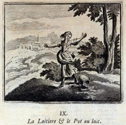 Mlékárna a sklenice na mléko. Bajky Jean de La Fontaine (1621-95). Ilustrace François Chauveau (1613-1676). Vydání z roku 1728.