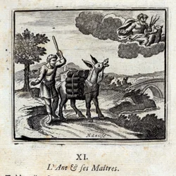 Osel a jeho páni. Bajky Jean de La Fontaine (1621-95). Ilustrace François Chauveau (1613-1676). Vydání z roku 1728.