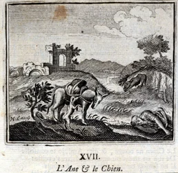 Osel a pes. Bajky Jeana de La Fontaina (1621-95). Ilustrace Françoise Chauveaua (1613-1676). Vydání z roku 1728.
