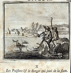 Ryba a pastýř hrající na flétnu. Bajky Jean de La Fontaine (1621-95). Ilustrace François Chauveau (1613-1676). Vydání z roku 1728.