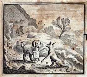 Nemocný lev a liška. Bajky Jean de La Fontaine (1621-95). Ilustrace François Chauveau (1613-1676). Vydání z roku 1728.