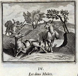 Dva mezci. Bajky Jean de La Fontaine (1621-95). Ilustrace François Chauveau (1613-1676). Vydání z roku 1728.