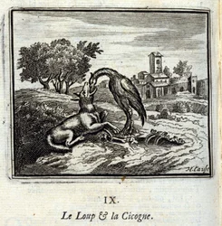 Vlk a čáp. Bajky Jean de La Fontaine (1621-95). Ilustrace François Chauveau (1613-1676). Vydání z roku 1728.