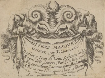 Titulní štítek se dvěma hlavami satyra, od Divers Masques, ca. 1635-45.