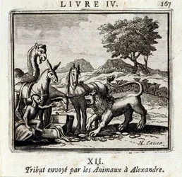 Pocta seslaná zvířaty Alexandrovi. Bajky Jean de La Fontaine (1621-95). Ilustrace François Chauveau (1613-1676). Vydání z roku 1728.