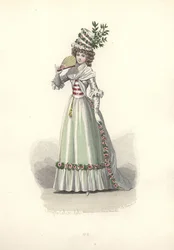 Žena v květinově zdobeném oblečení, éra Marie Antoinetty.
