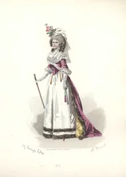 Žena v kožešinově lemovaném oblečení, éra Marie Antoinetty.