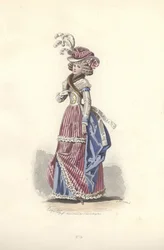 Žena v trikolorním oblečení, éra Marie Antoinetty.